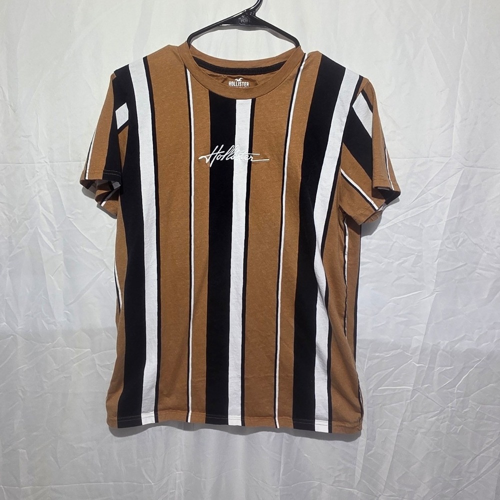 Hollister Mens Brown Black White Vertical Striped Logo T-Shirt Size M